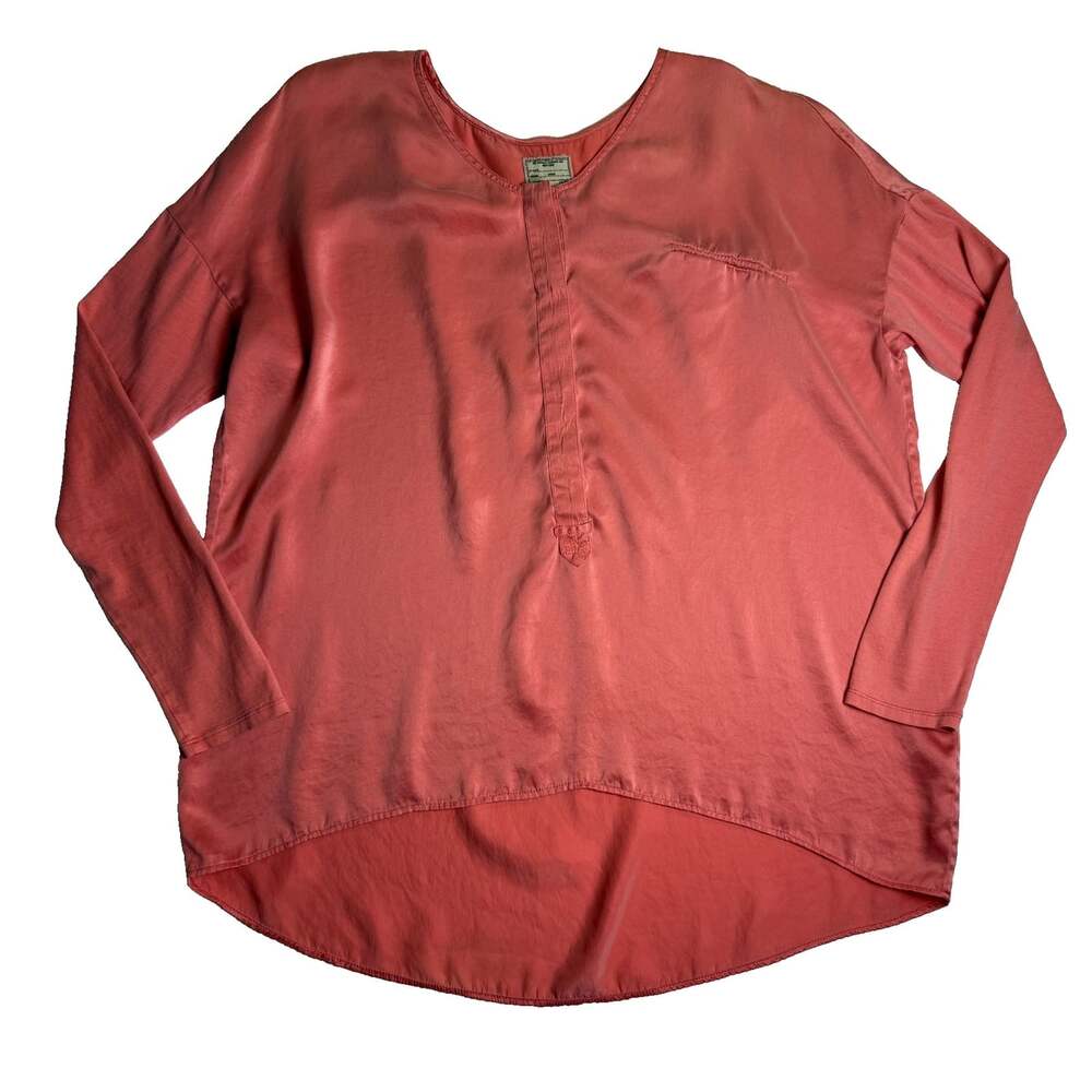 Go Silk Washable Silk Top Coral Pink Henley Tunic Pullover Womens XS High Low
